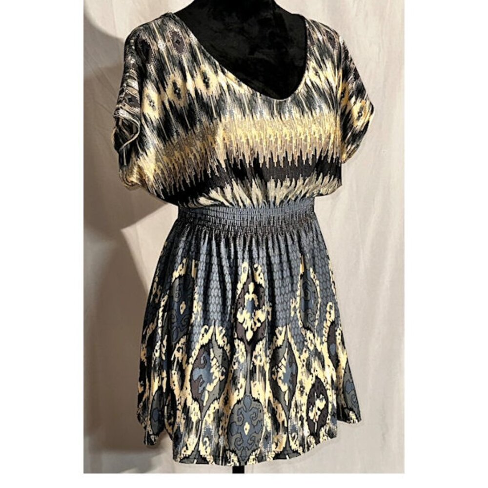 Win Win Adjustable Tie Blouse, Tribal Print, Blue & Yellow, Long Tunic, Size S-M